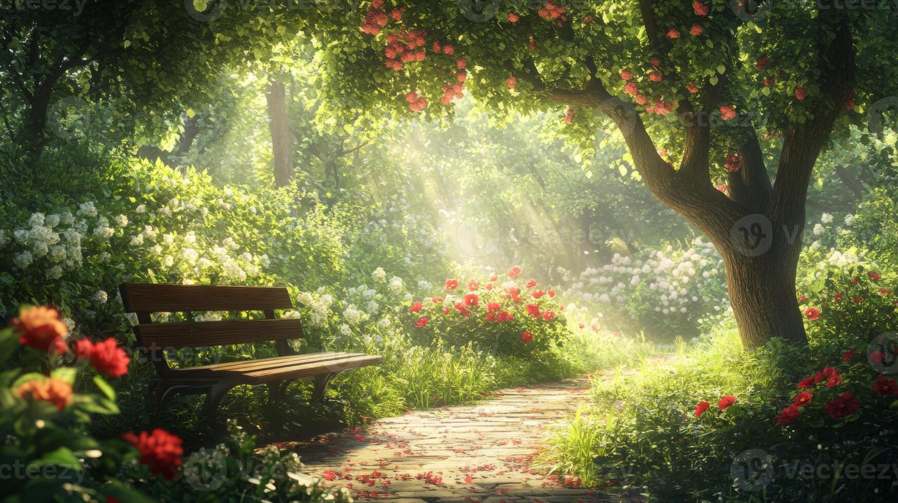 Sunlit floral path with tranquil bench and blooming roses invites gentle reflection photo
