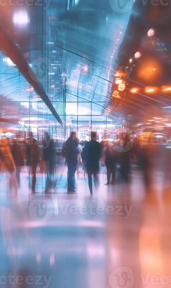 Blurred motion of people at the airport terminal with glass wall background photo