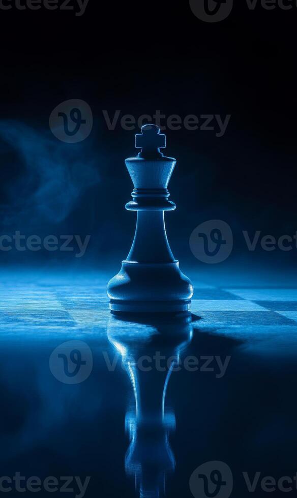 Strategic chess king piece amidst enigmatic atmosphere, blue toned composition, game reflection photo