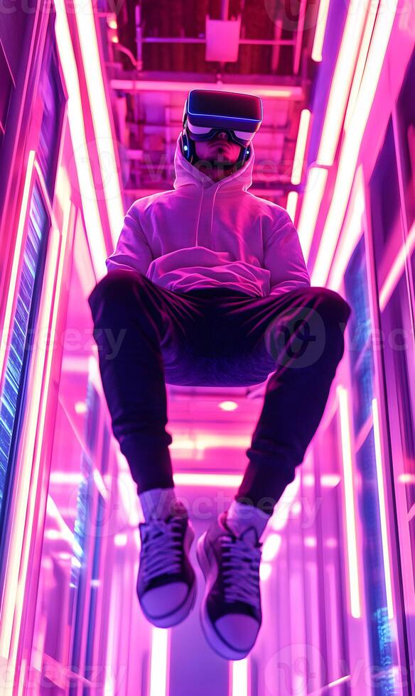 Immersed in the metaverse a man floats in futuristic ambience with virtual reality headset photo