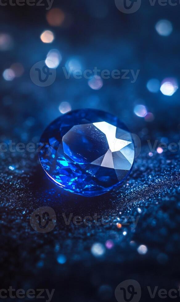 Shimmering sapphire gem with enchanting facets, sparkling on a dark, cosmic textured surface. photo
