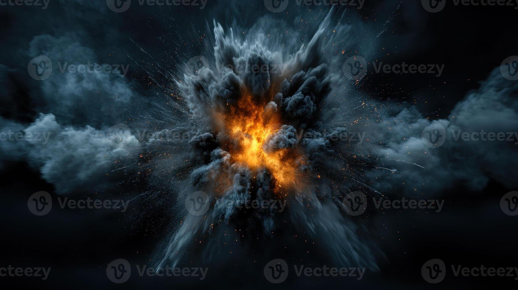 An explosion with smoke and fire on a dark background photo