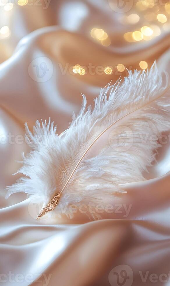 Elegant Ostrich Feather on Silky Fabric, illuminated by bokeh background in soft light photo