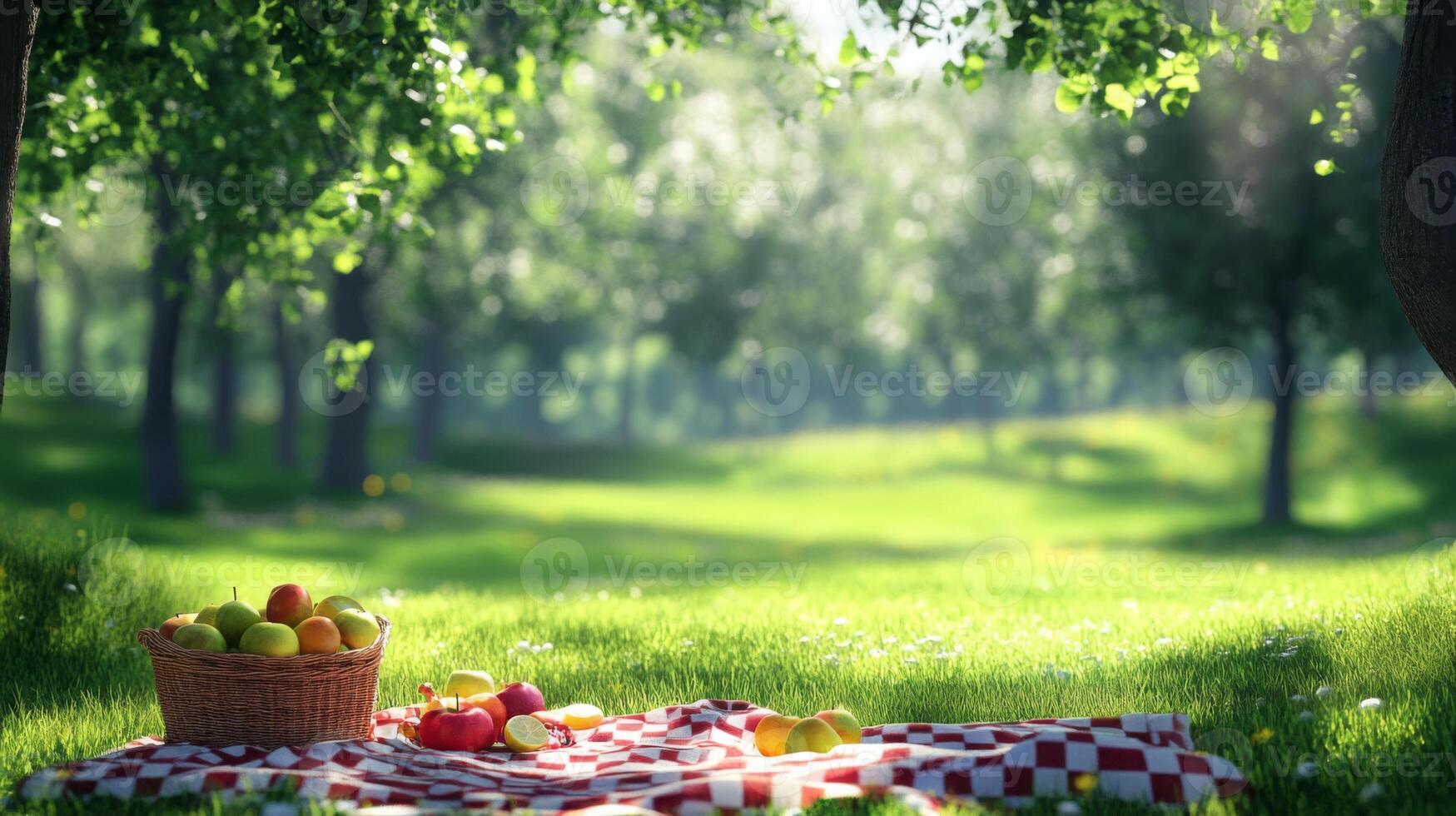 Idyllic picnic scene with fruit basket and checkered blanket under shaded trees photo