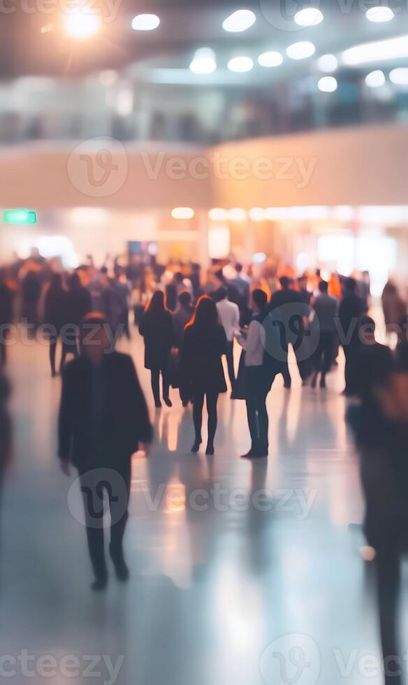 Blurred crowd of people walking in a public space exhibiting urban movement photo