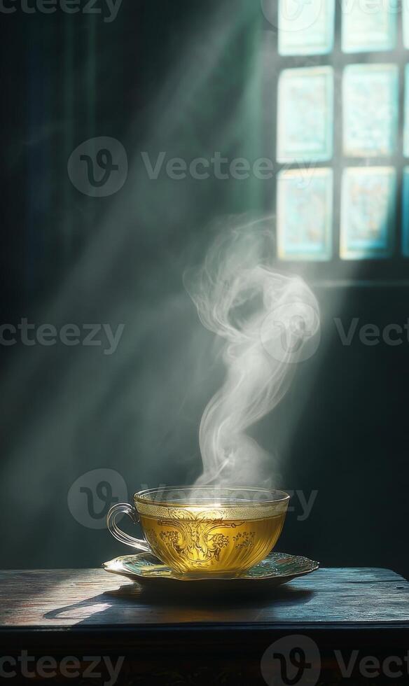 Sunlight filtering through window illuminates steaming teacup on an antique wooden table photo