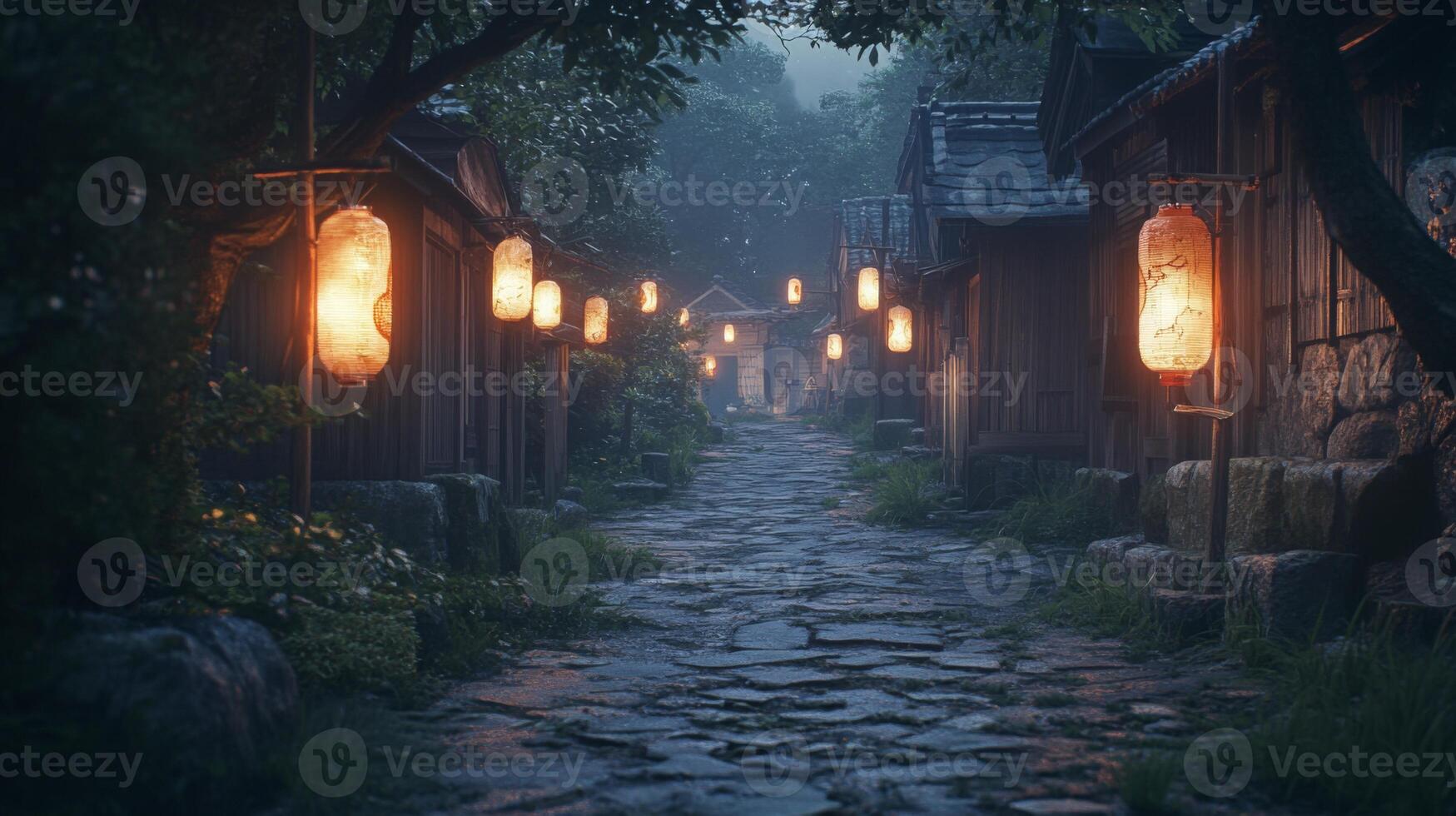Mystical japanese village pathway illuminated by glowing lanterns at twilight ambiance scene photo