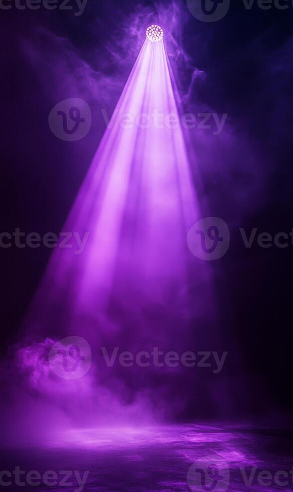 Enigmatic stage illuminated by vivid violet light piercing through ethereal smoke patterns photo