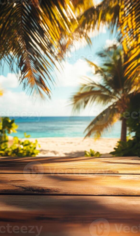 Serene tropical beach paradise with wooden foreground and swaying palm trees providing shade photo