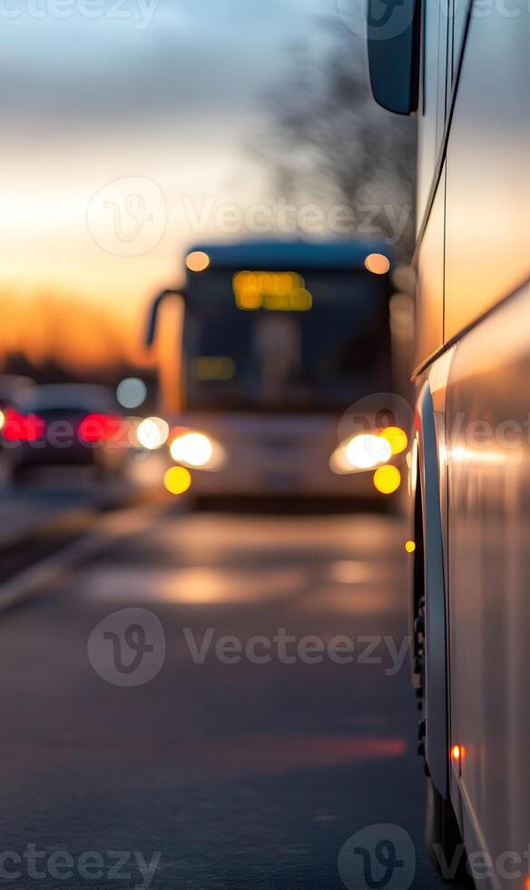 Evening Commute Awaits, Blurred Buses and Car Lights at Dusk on the Busy Road photo