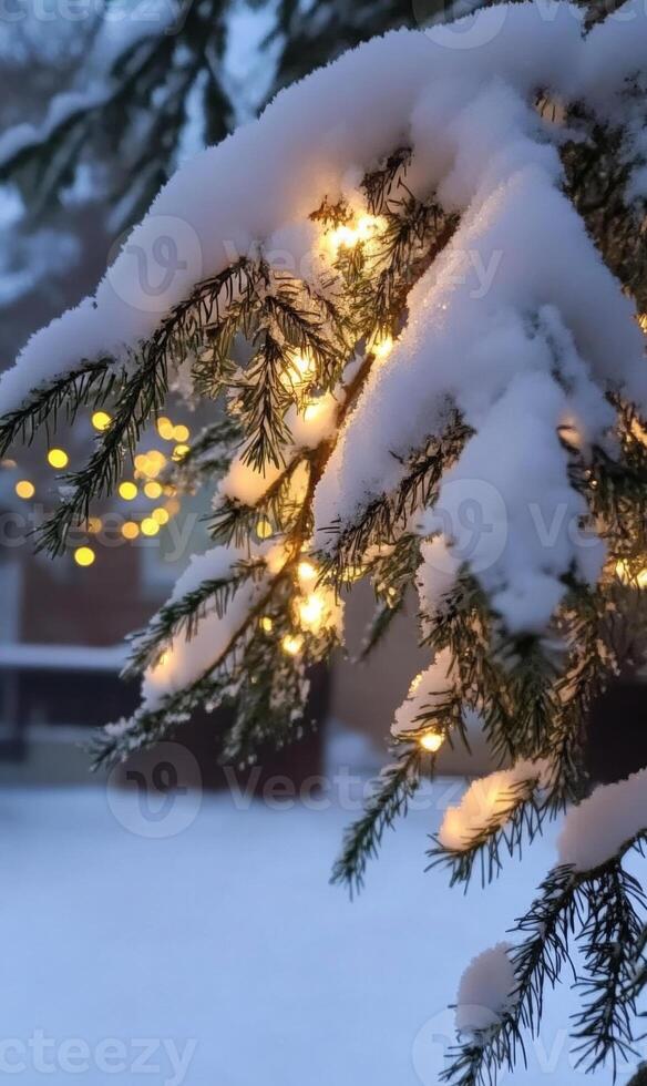 Snow laden evergreen branch adorned with festive winter lights creating a tranquil scene photo