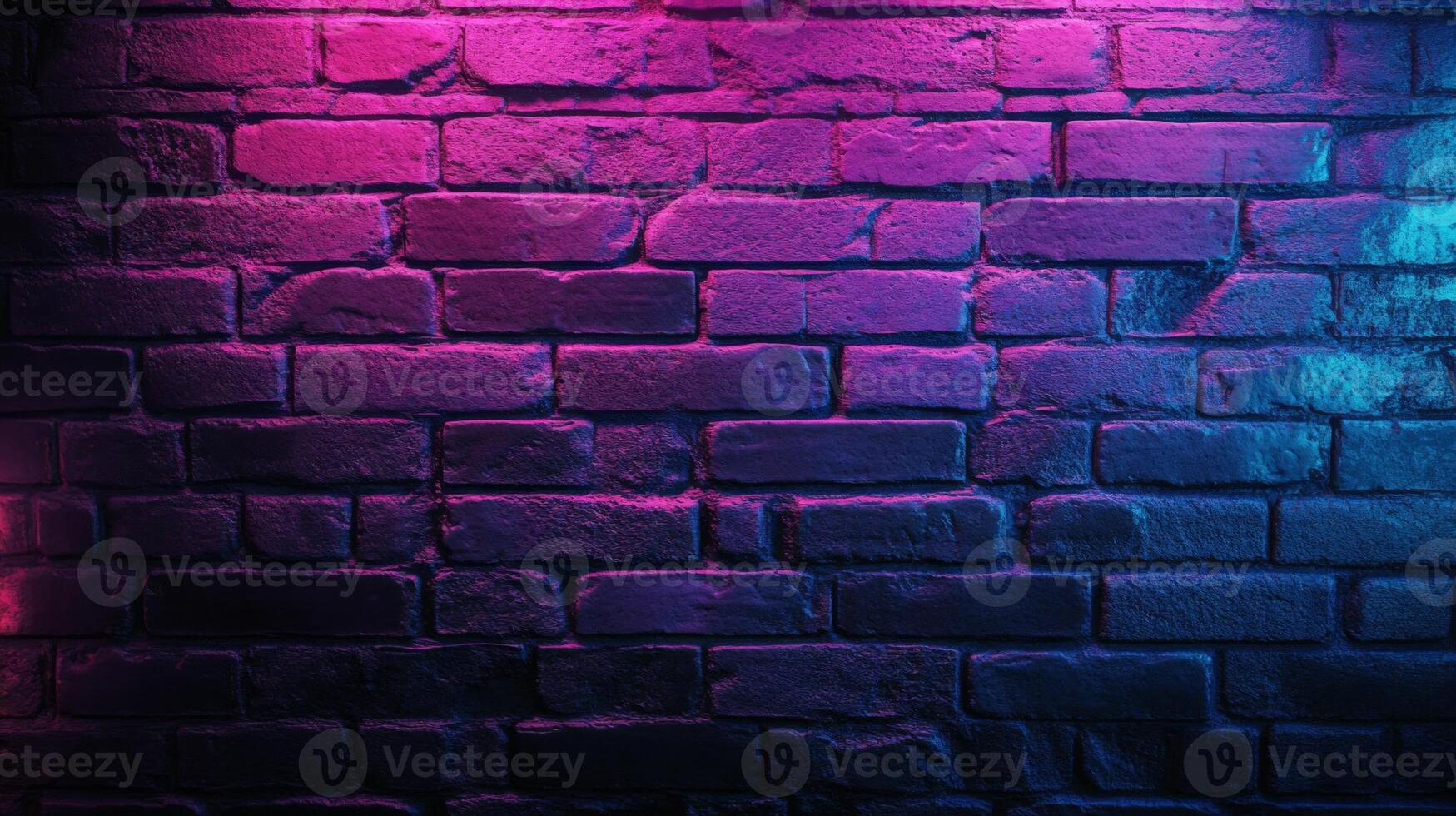 Vibrant brickwork illuminated by striking violet and cyan hues, a captivating textured surface photo