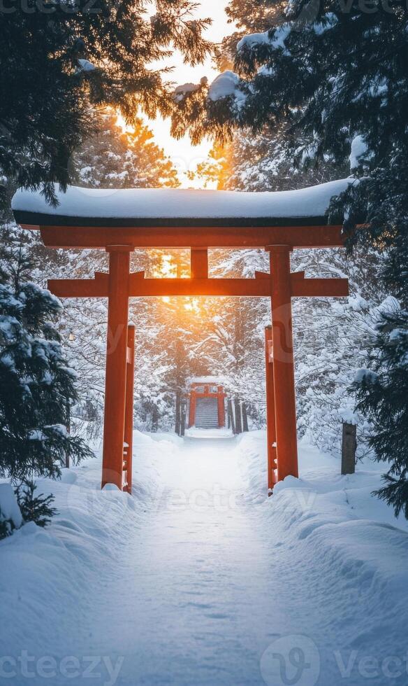 Winter serenity, red torii gate under sunlit snow, beckoning path amidst frosted trees photo
