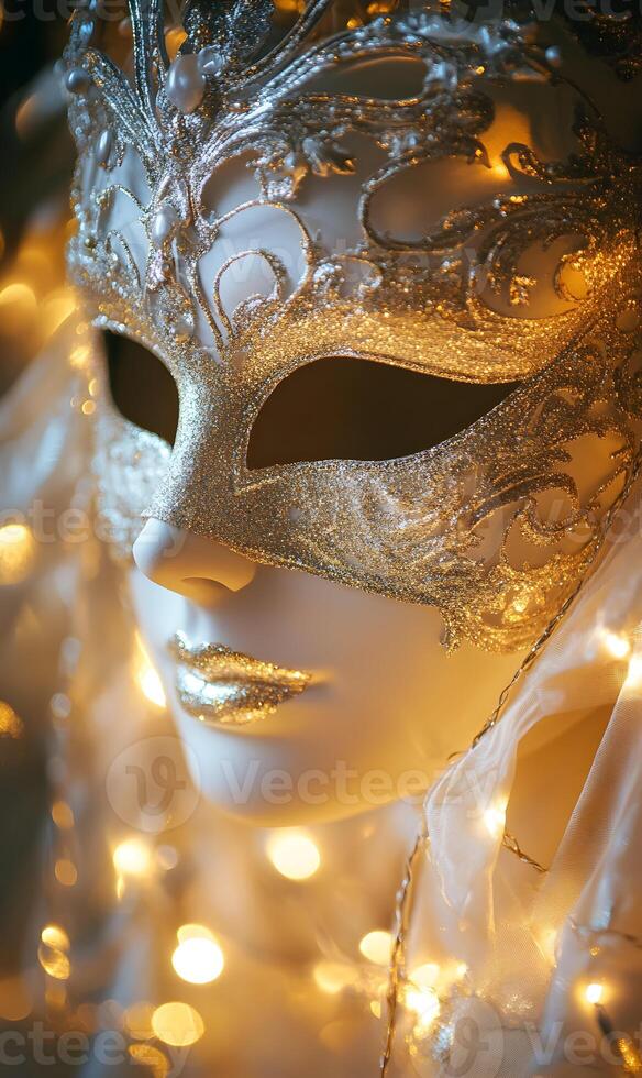 Elegant venetian mask adorned with shimmering silver and gold accents illuminated by lights photo