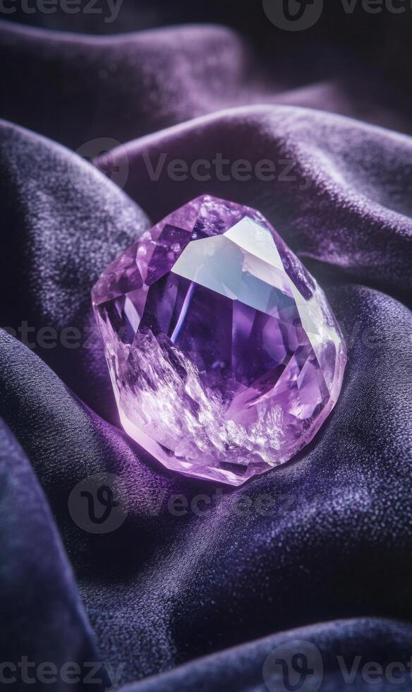 Radiant gemstone rests delicately against a luxurious violet textile surface with soft texture photo