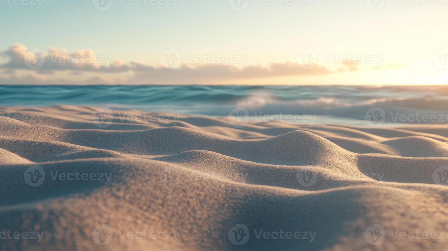 Serene beach scene featuring soft sand dunes and gentle waves under a tranquil sky photo