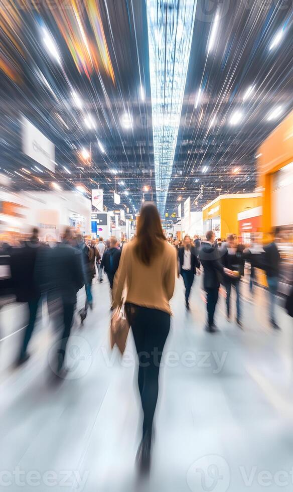Blurred motion of people at a busy trade show, capturing the energy and movement photo