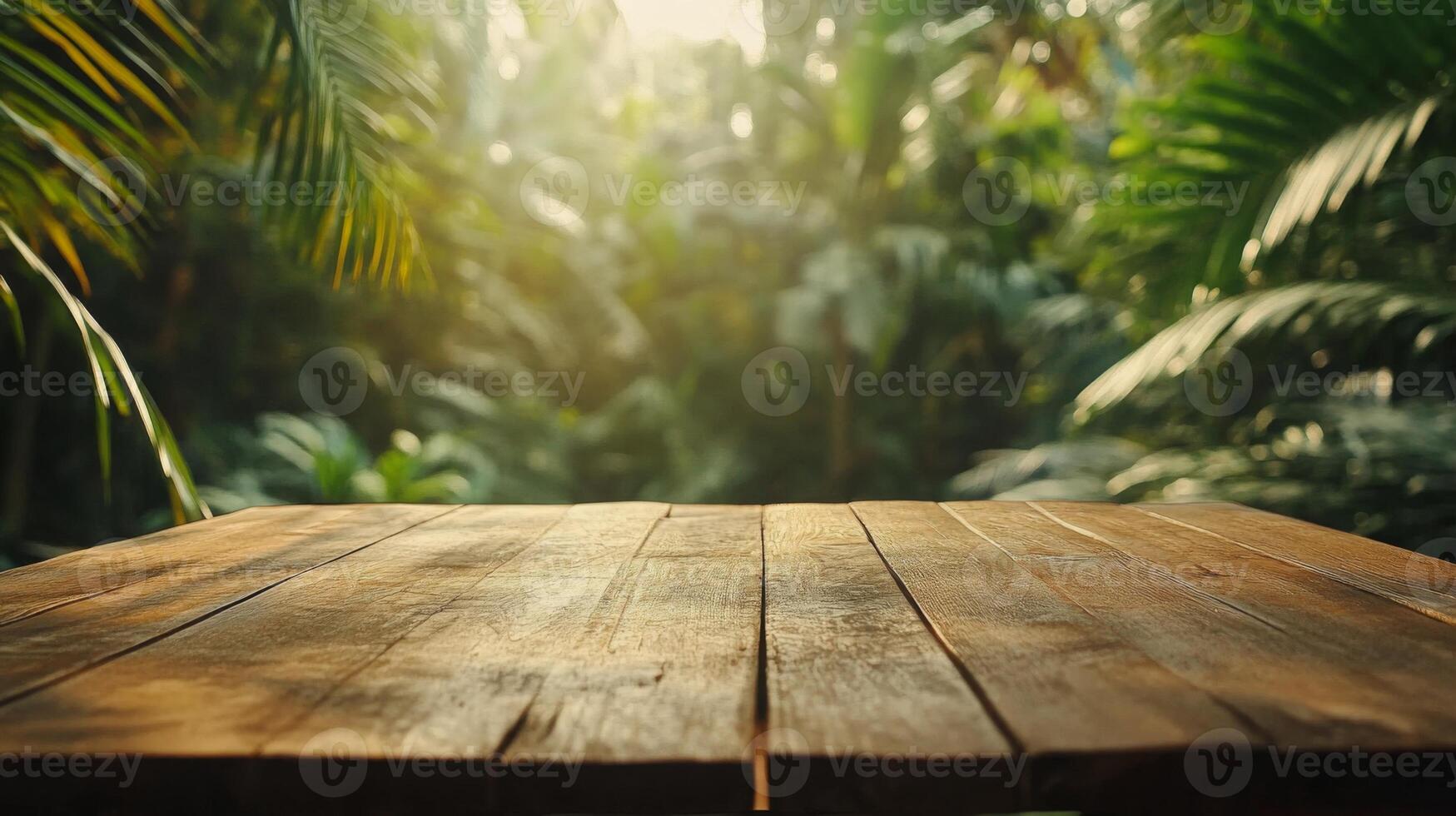 Tropical Getaway Tabletop Display, Lush Greenery and Natural Wood for Product Showcase photo