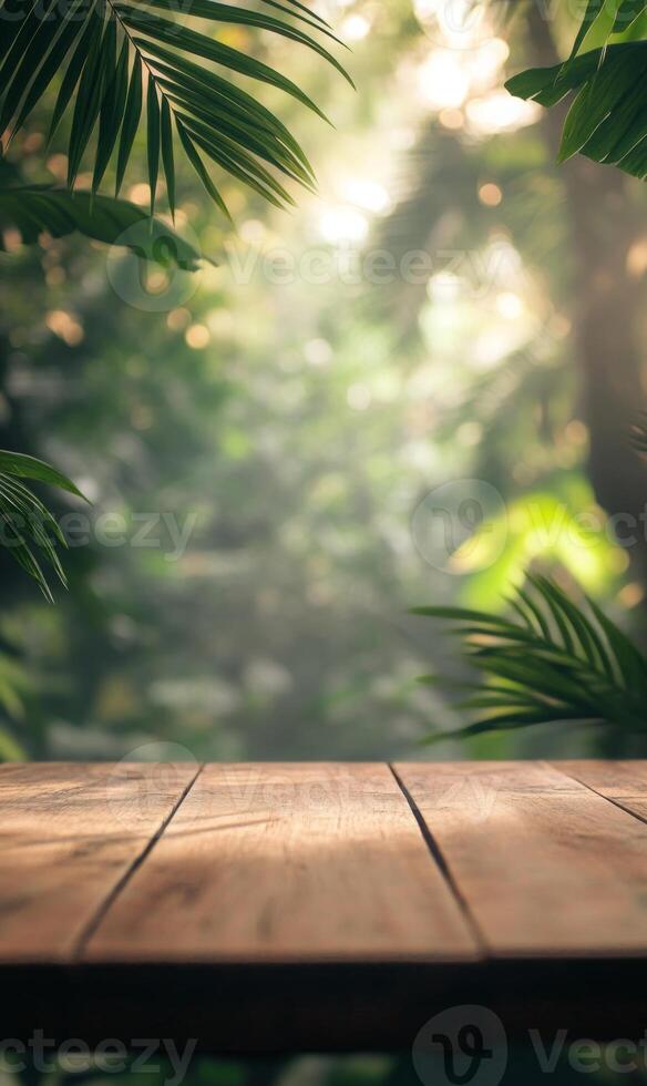 Tropical paradise wooden tabletop display beneath lush foliage and sunlit jungle bokeh photo