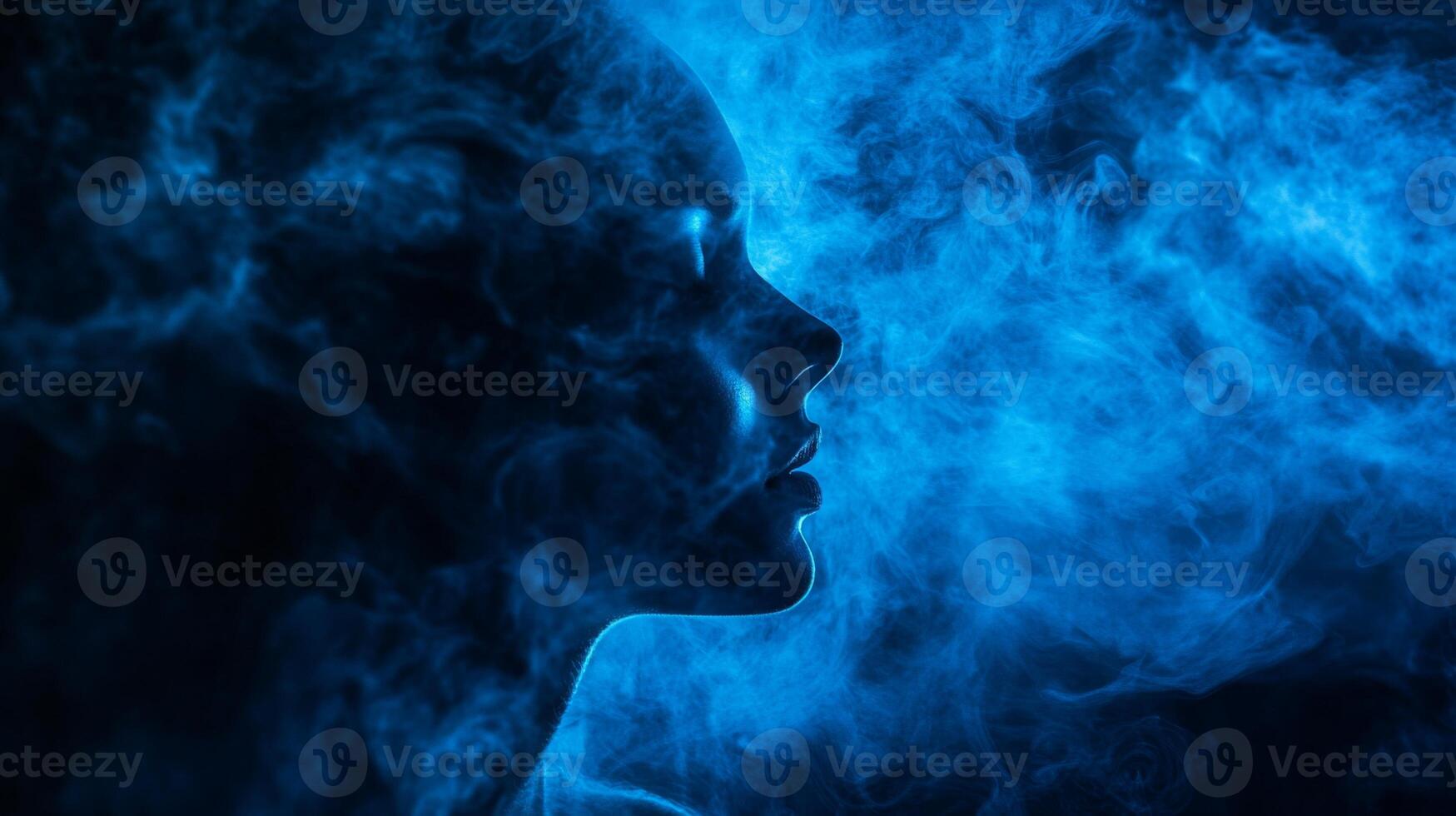 Ethereal silhouette immersed in azure nebulous, evoking mystery and intangible essence photo