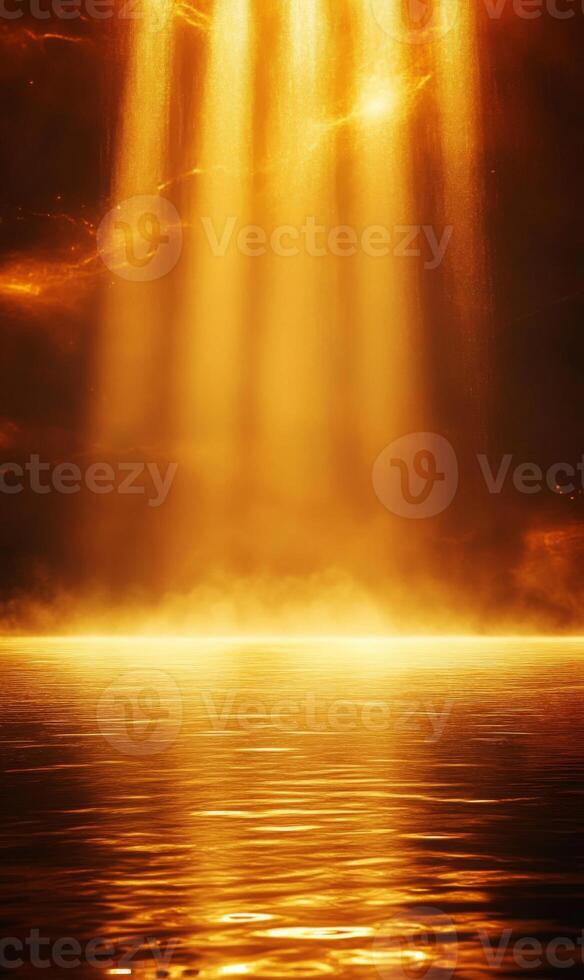 Golden illuminated ethereal beams over water shimmering with light and otherworldly glow photo