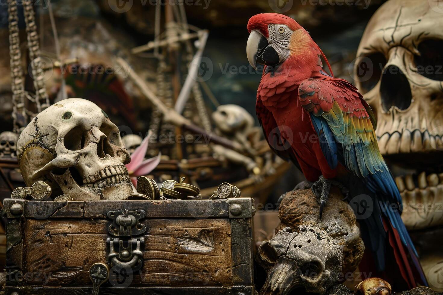 A parrot sits on a chest with skulls and other items photo