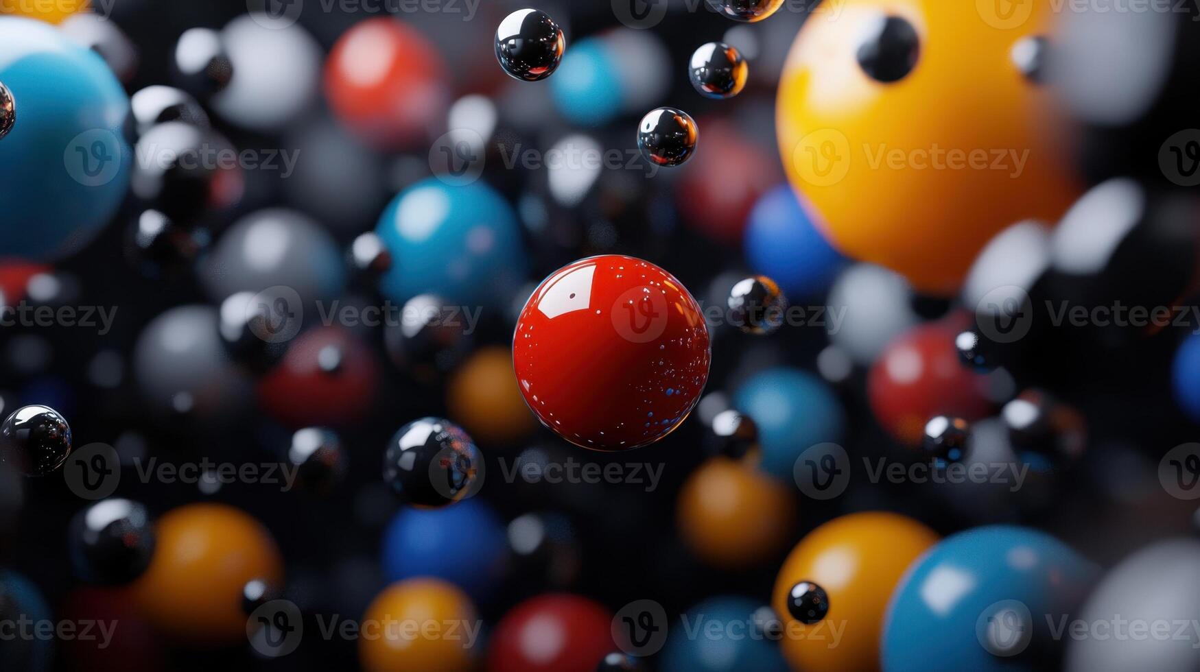 A bunch of colorful balls in the air, with one red ball in the middle photo