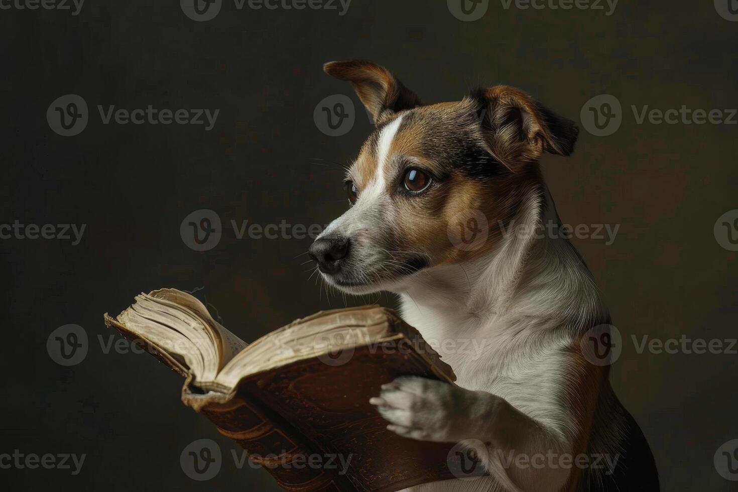 A dog is reading a book on a dark background photo