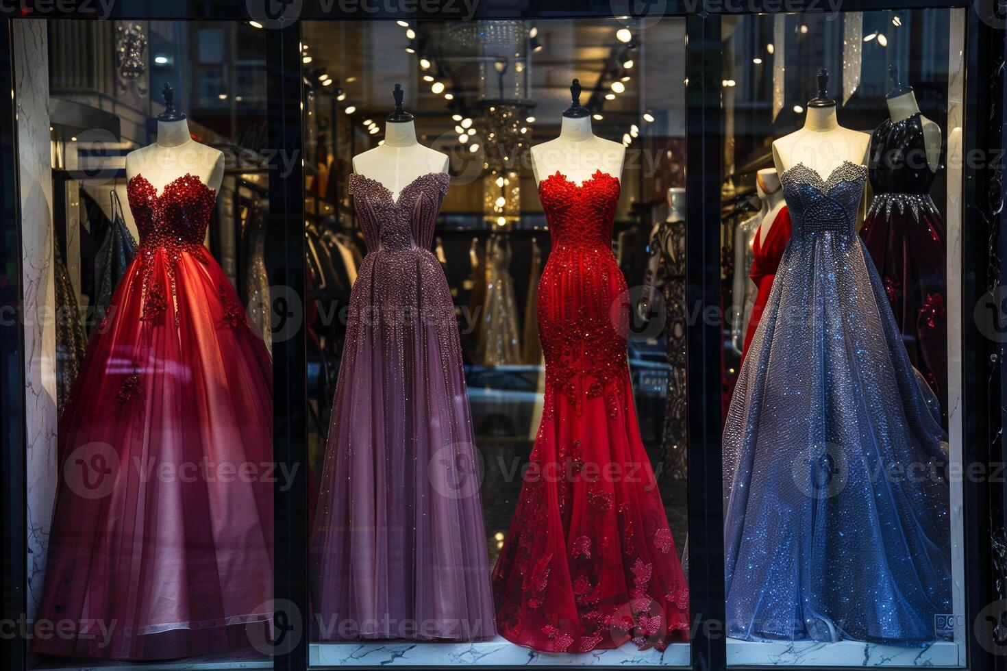 A window display of dresses in a store photo