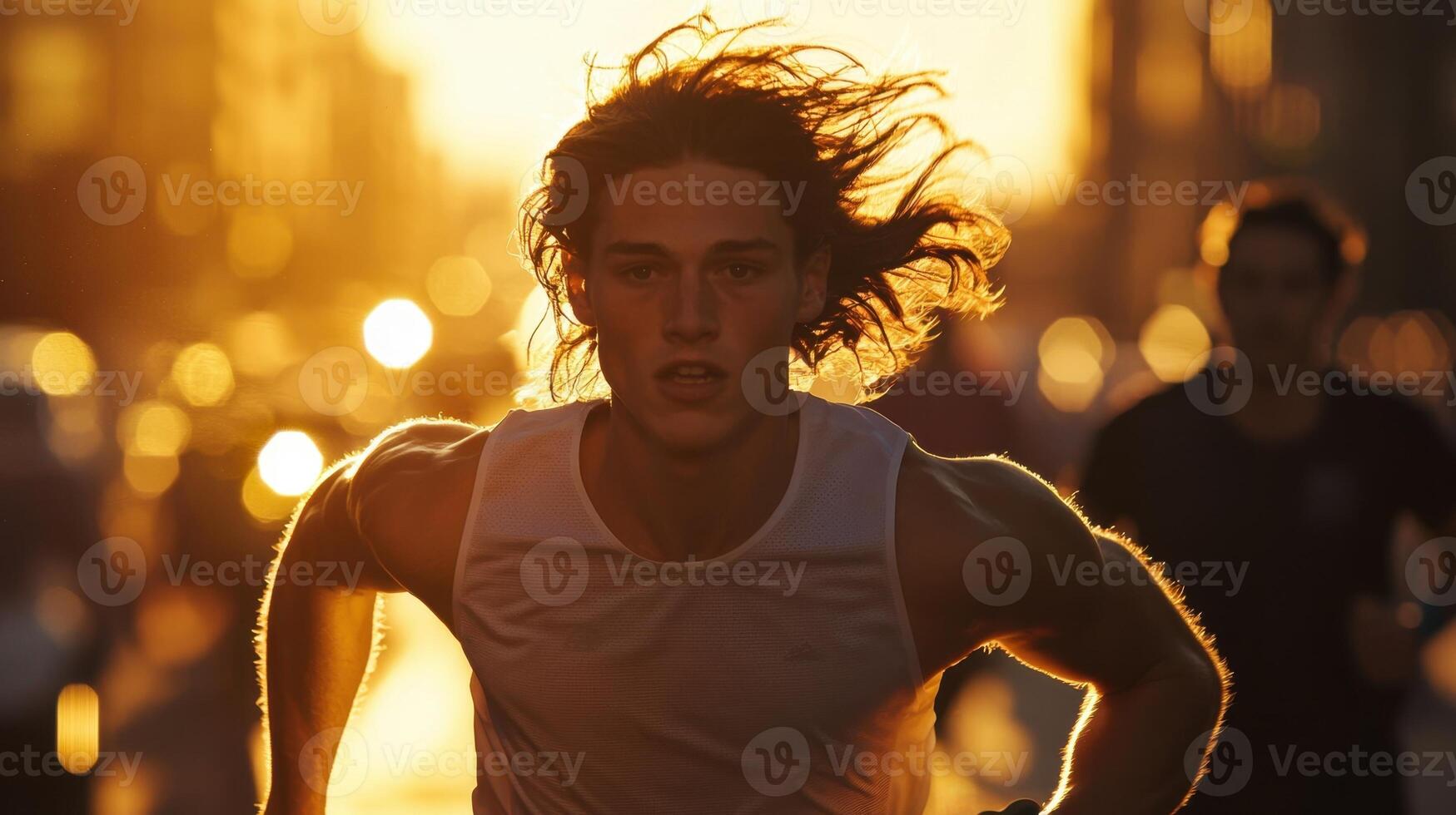 A man running in the street at sunset photo