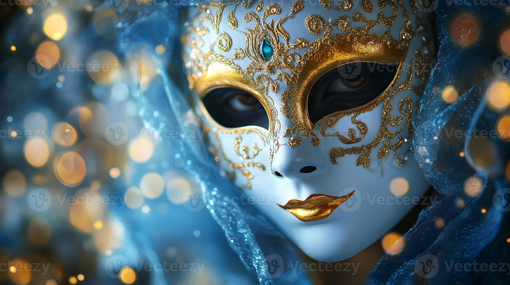 Mysterious Venetian mask adorned with intricate gold details and ethereal blue fabric photo
