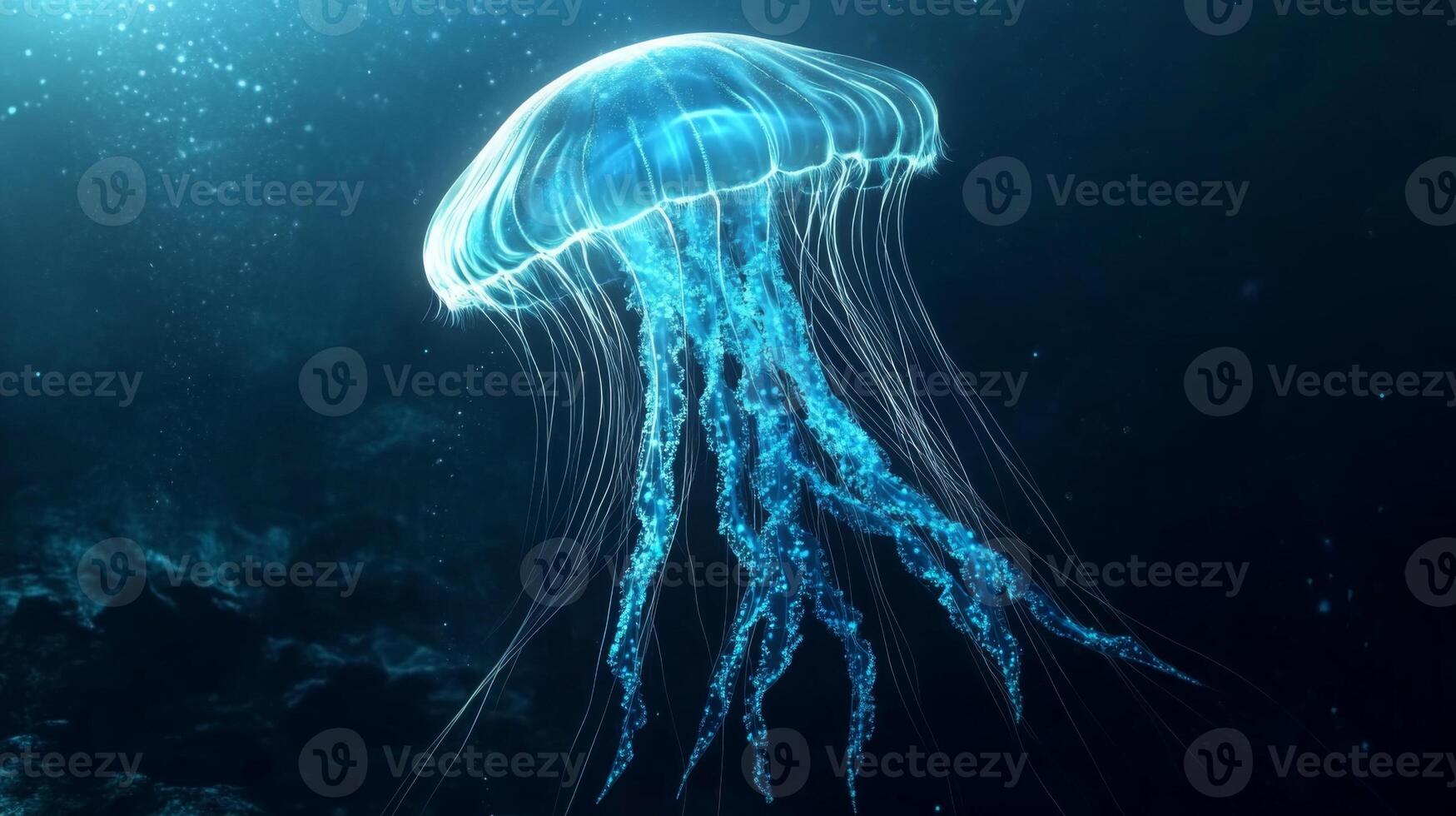 Radiant Jellyfish Gliding Through Deep Ocean Waters, Illuminated bioluminescence spectacle photo