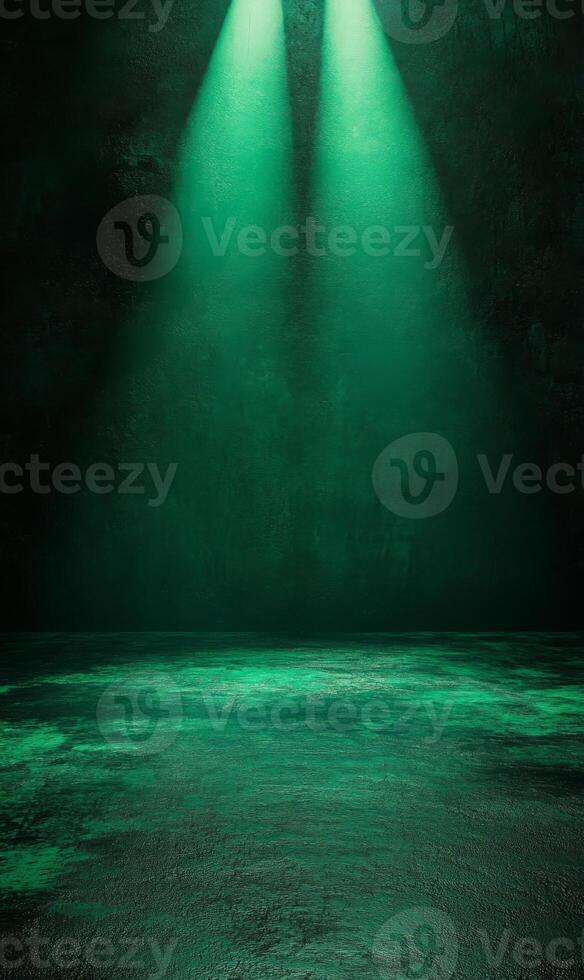 Emerald illumination backdrop with twin spotlights beaming down on a textured surface photo