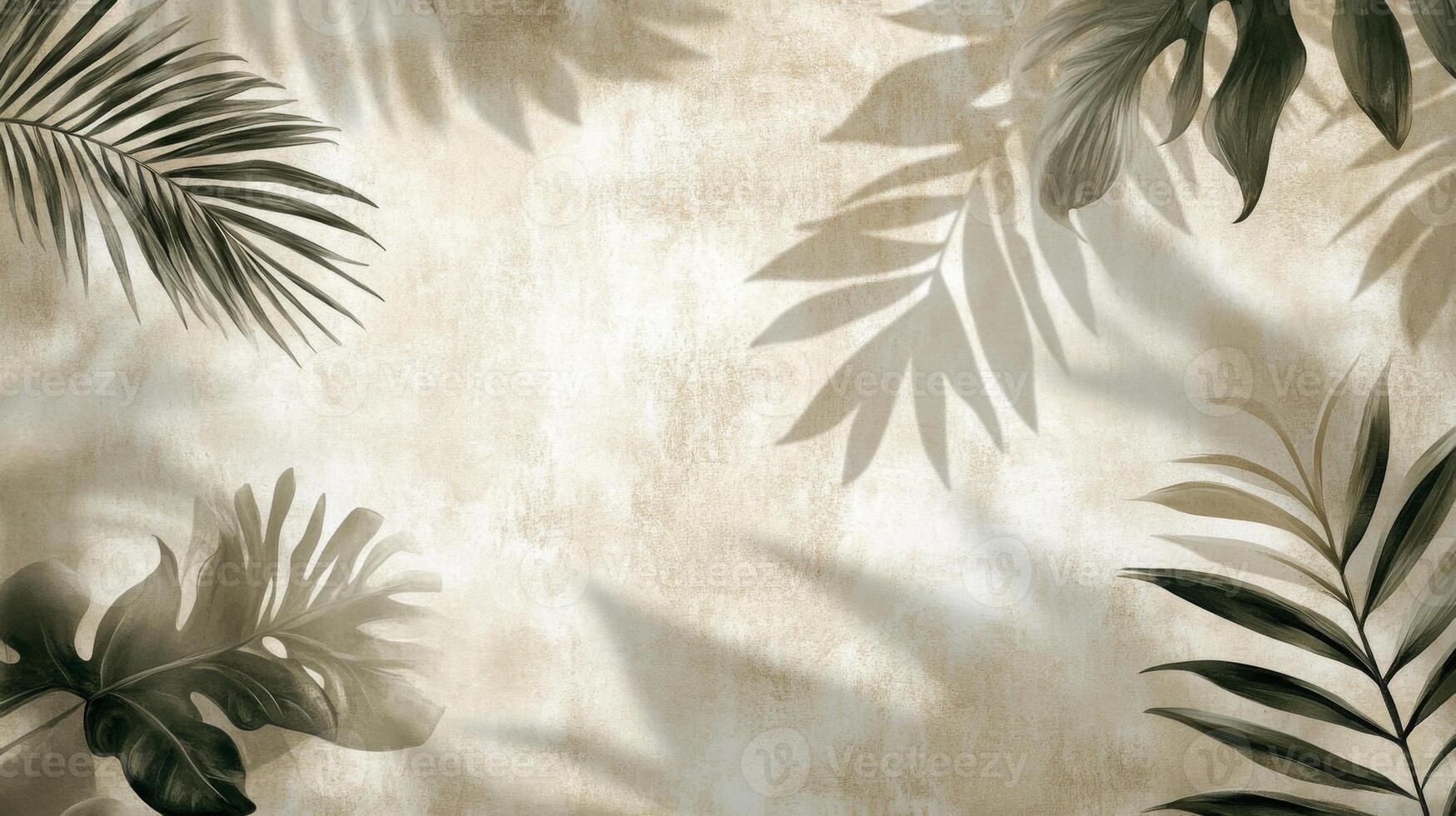 Subtle vintage botanical backdrop with palm fronds casting gentle shadows on textured paper photo