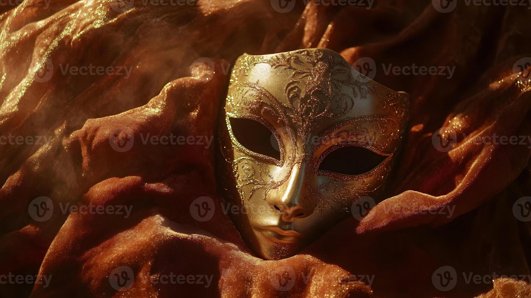 Golden venetian mask resting on a shimmering copper colored luxurious fabric drape photo