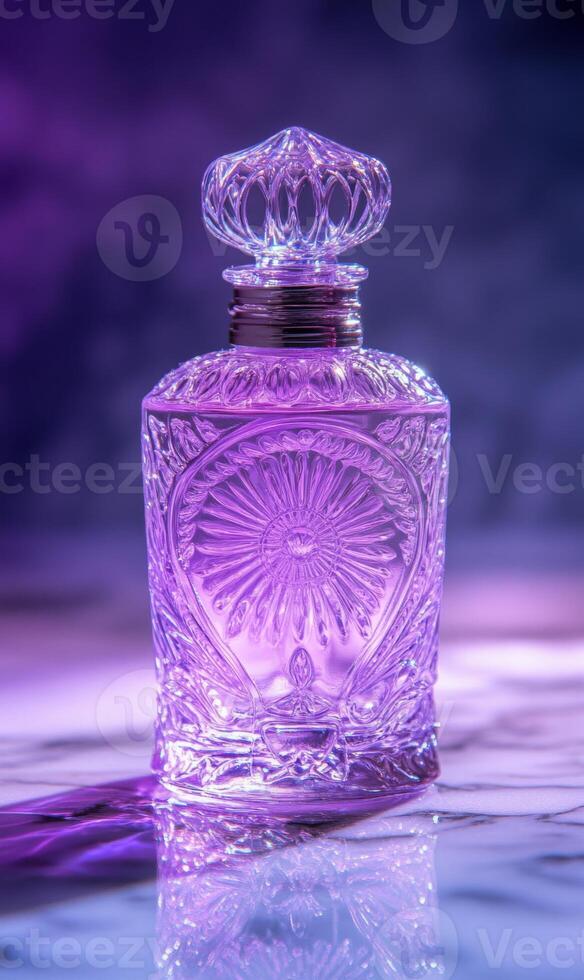 Exquisite crystal perfume vessel casting ethereal violet light on polished marble surface photo