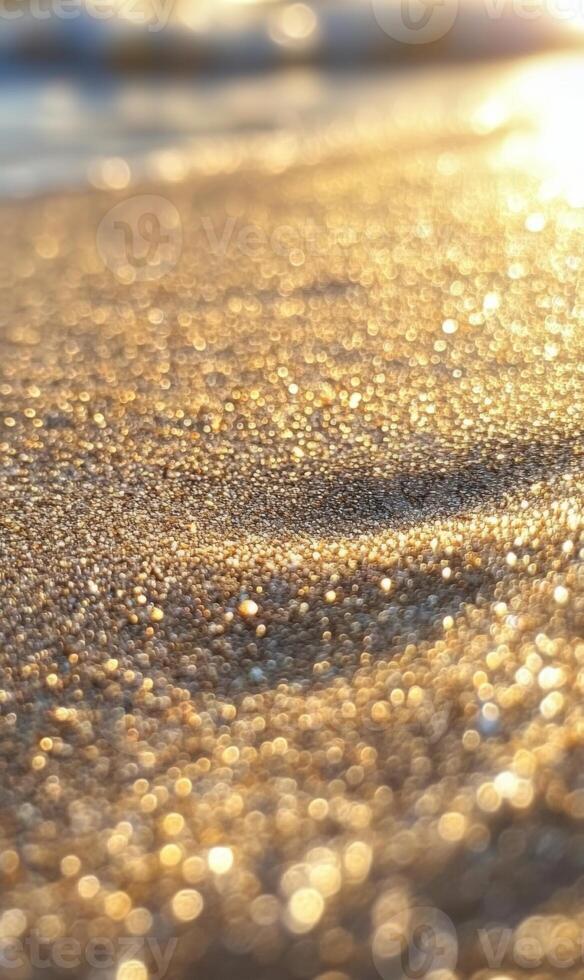 Golden hour illumination on the sand creating a mesmerizing bokeh aesthetic texture photo