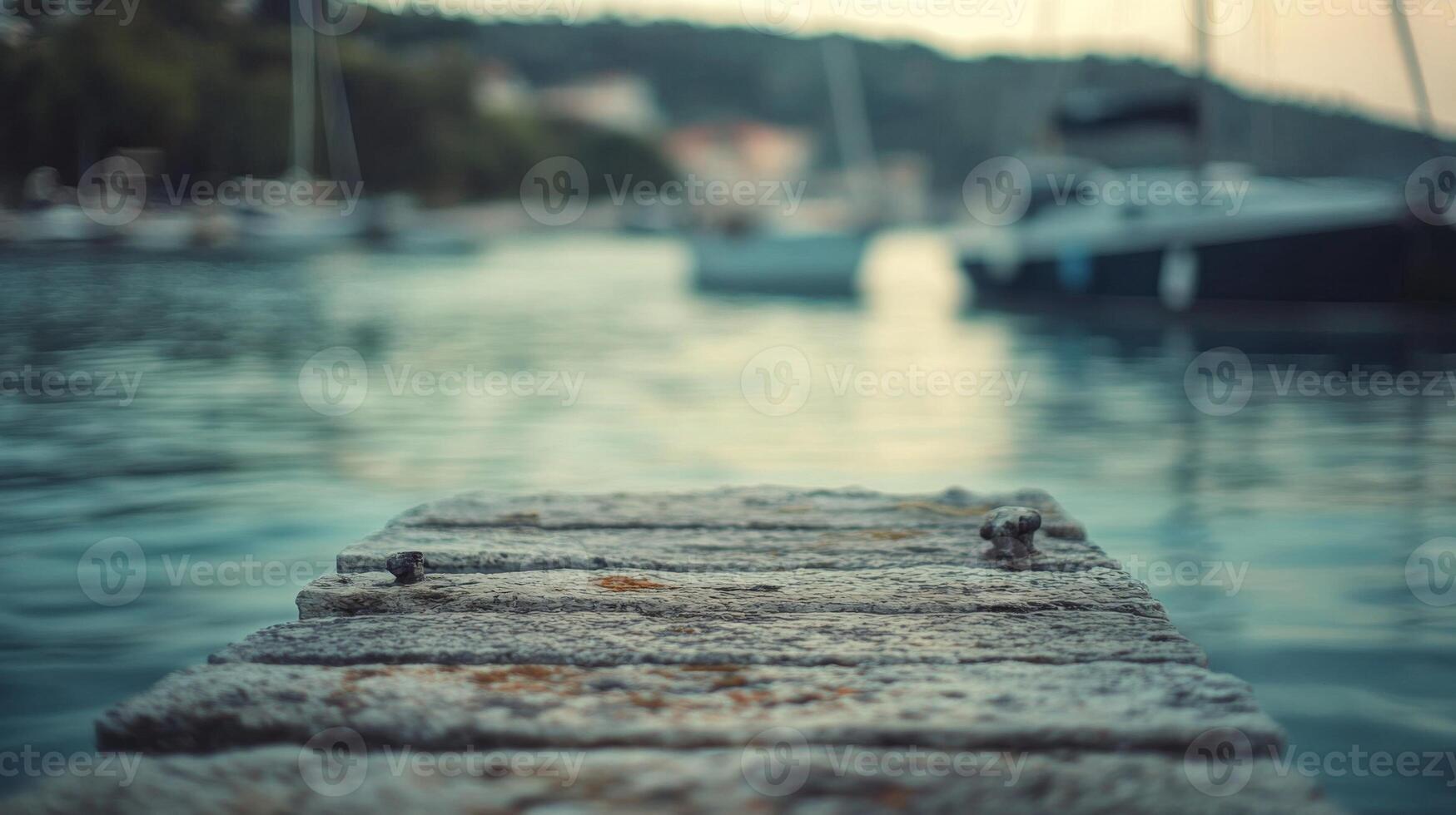Serene harbor view from a weathered dock, boats gently afloat on tranquil waters behind photo