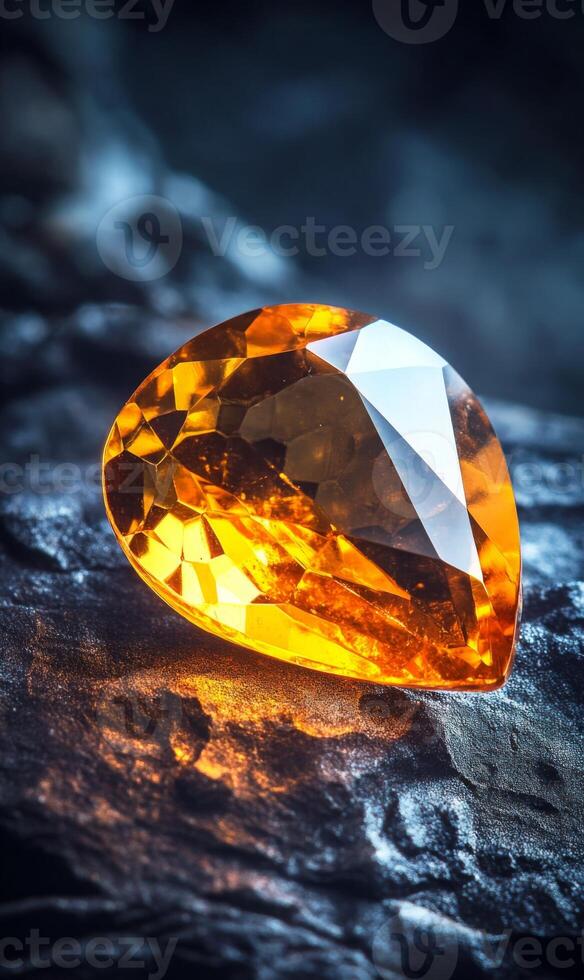 Exquisite amber gemstone shining, facets catching the light, luxury item on textured rock surface photo