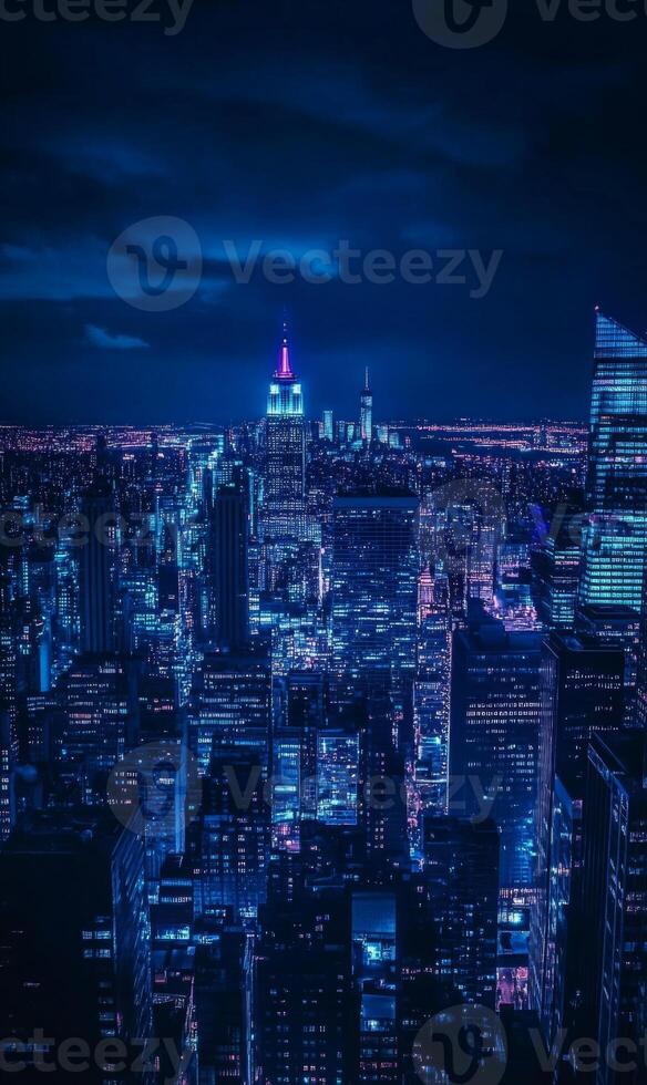 Nocturnal skyline panorama, showcasing the vibrant urban architecture bathed in cyan and indigo hues photo