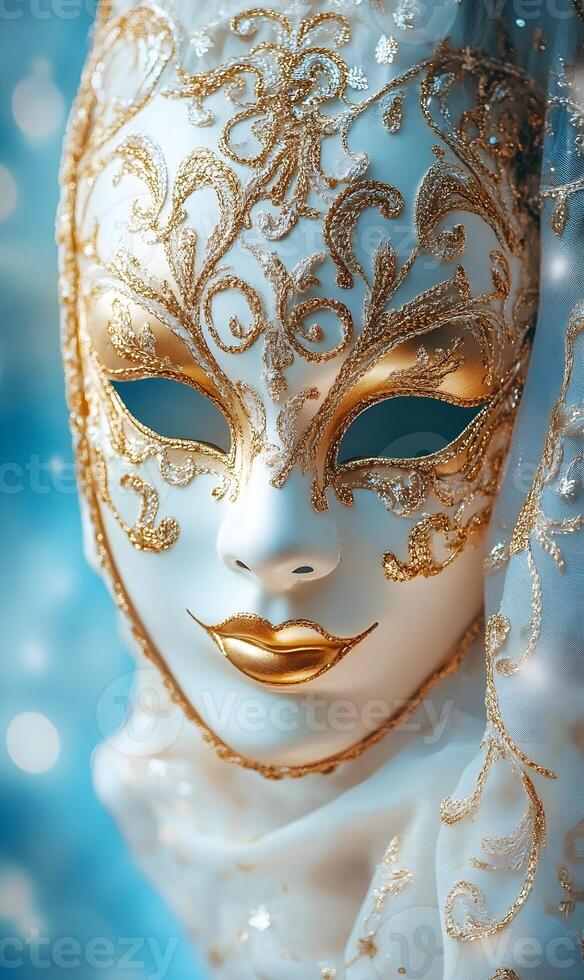 Elegance Unveiled A Mesmerizing Close Up of a Venetian Mask Adorned with Intricate Golden Details photo