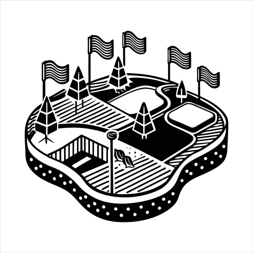Landscaping, ecological park with fountain, vector