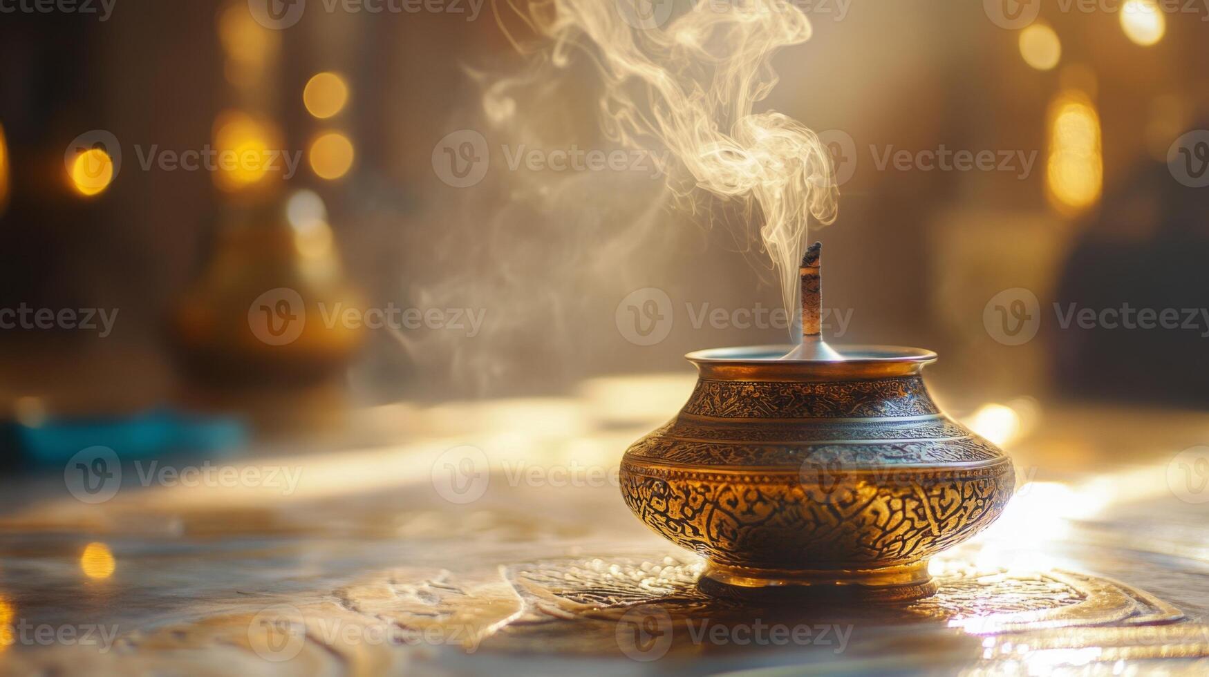 Intricate gold incense burner with smoke creates warm ambience for mindfulness ritual photo