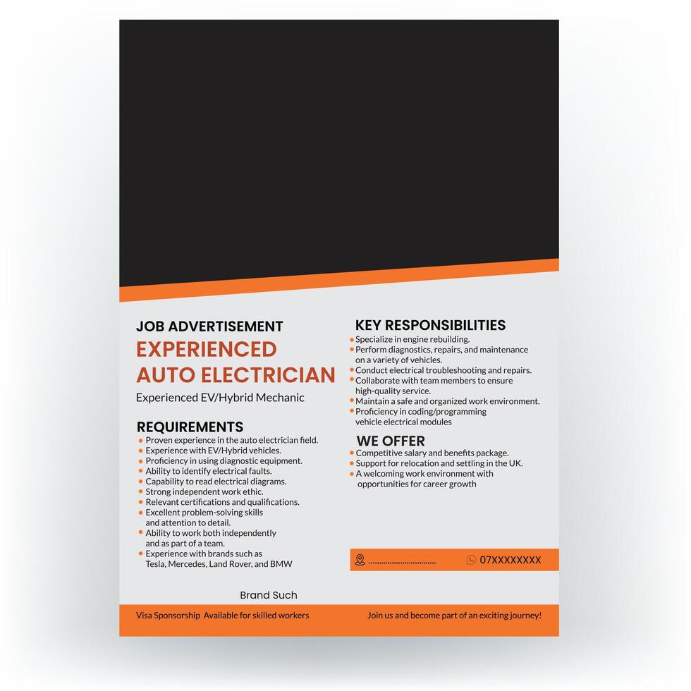 a job advertisement for an auto electrician vector