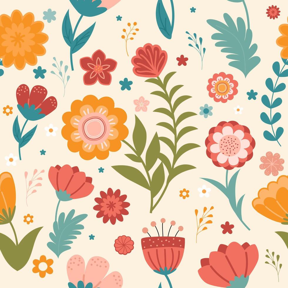 Seamless illustration featuring a floral pattern with colorful stylized flowers and leaves in folk-art style. Perfect for textile design, wallpapers, gift wrap, and decorative projects. vector