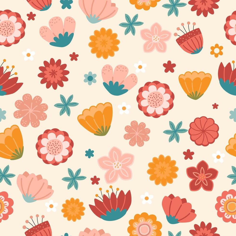 Seamless pattern featuring colorful stylized flowers in a folk-art style on a light background. Perfect for textile design, wallpaper, wrapping paper, and decorative projects. illustration vector