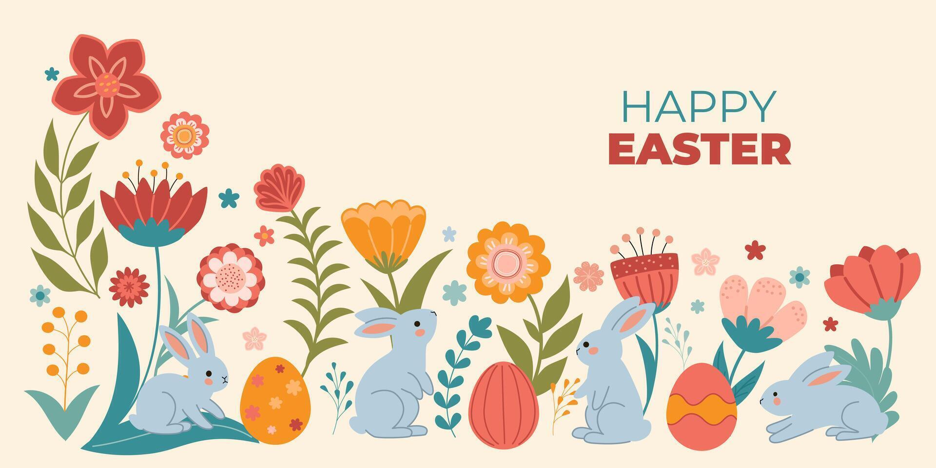 illustration with cute Easter bunnies, decorated eggs, and colorful flowers in a folk-art style. Design for greeting cards, banners, and holiday decorations. vector