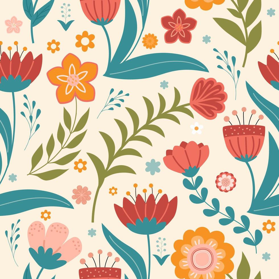Seamless illustration with colorful stylized flowers and leaves in a folk-art style. Ideal for textile design, wallpaper, wrapping paper, and decorative backgrounds. vector