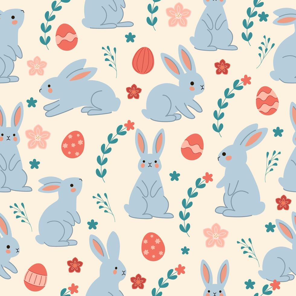 Seamless pattern with cute blue rabbits, Easter eggs, and floral elements on a light background. Perfect for Easter decorations, gift wrapping, textiles, and greeting cards. illustratio vector