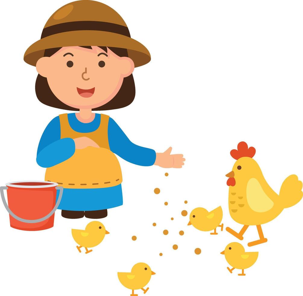 Kid Farm Girl Feeding Chicken vector